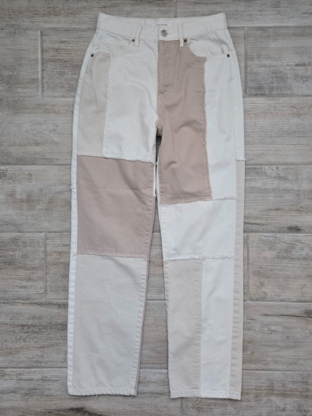 Pacsun Patchwork Dad Jeans Womens Tan Cream Boho Raw Seam Recycled Cotton 26